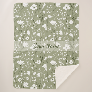 A personalized sage green floral pattern Sherpa fleece blanket